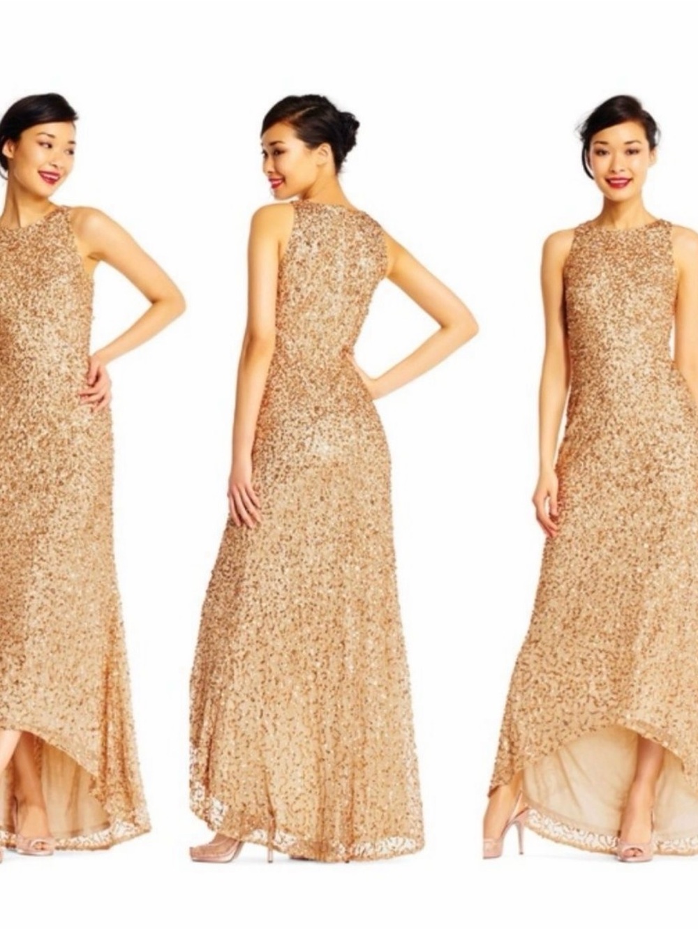 Adrianna Papell Rose Gold Sequin High-Low Evening Gown Size 4